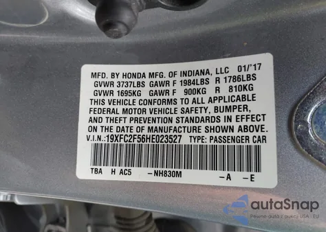 2017 Honda Civic Lx z USA, uszkodzony, nr VIN 19XFC2F56HE023527